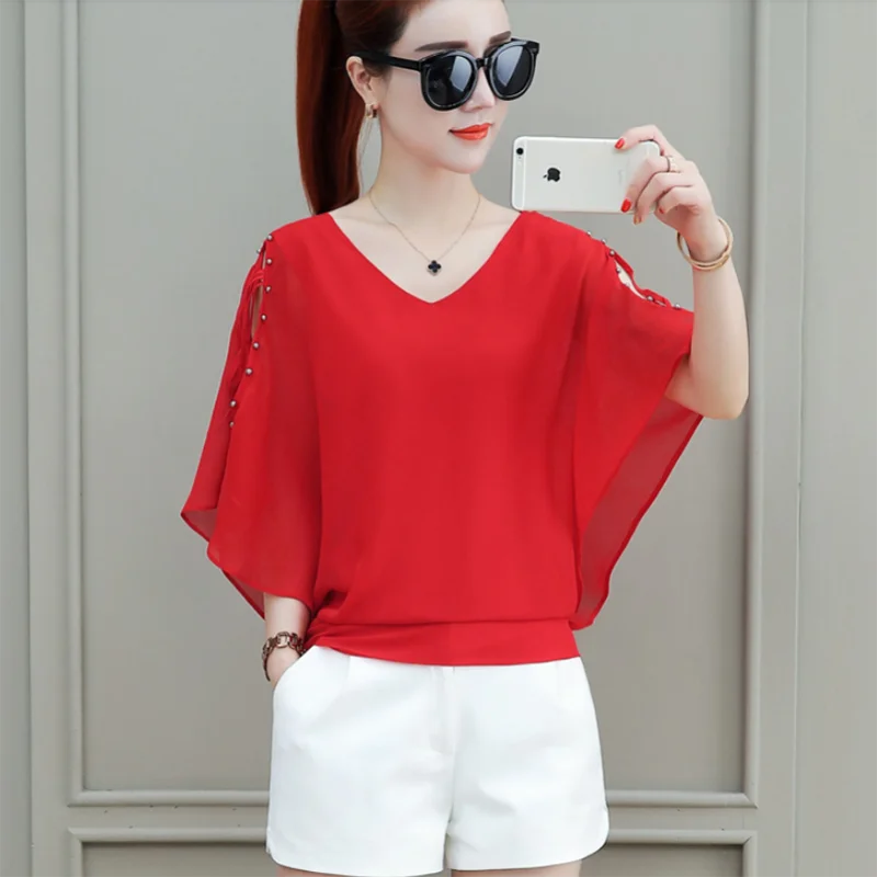 

Elegant V-Neck Spliced Shirring Hollow Out Batwing Sleeve Blouse Women's Clothing 2023 Summer New Casual Pullovers Beading Shirt
