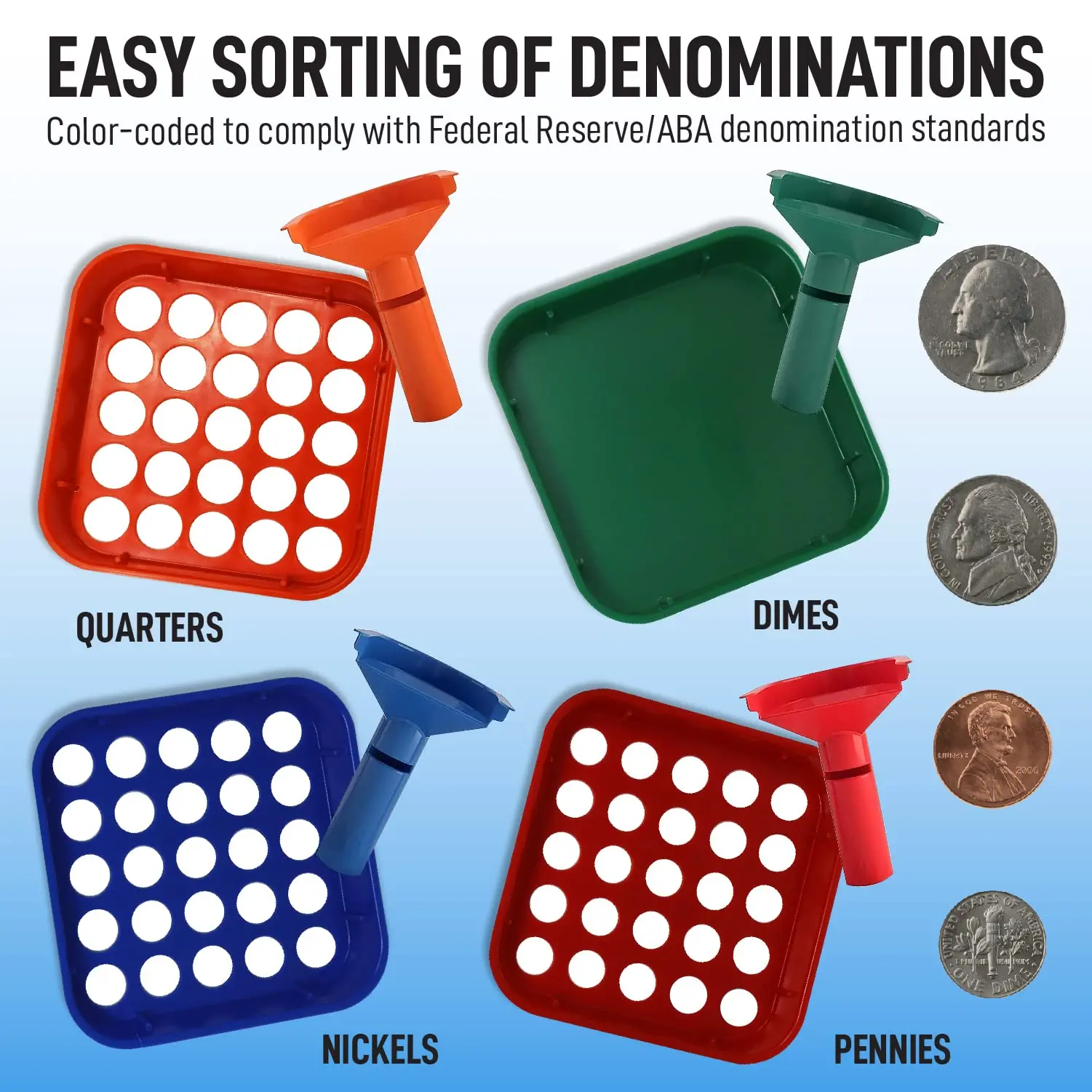 Sort and Wrap Set-4 Wrap Coin Tubes and 4 Quick Sort Coin Trays, Color-Coded (with Wrappers)