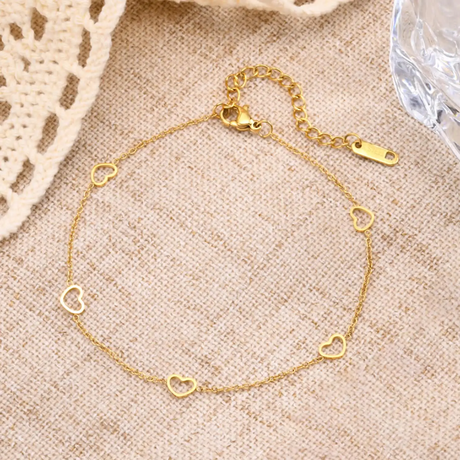 Bracelet De Cheville Réglable Femme - Chaîne Acier Inoxydable 316L Avec Perles Coeur - Imperméable Bijoux Plage