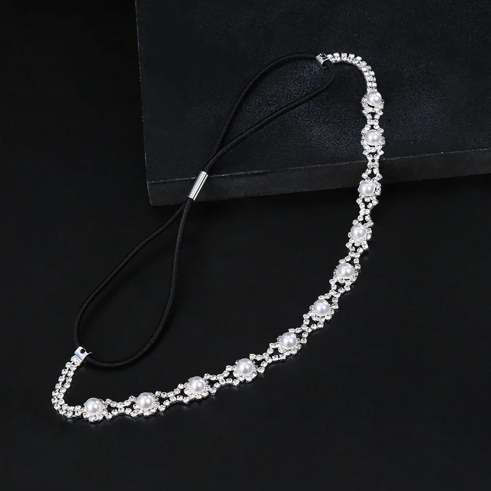 Women Elastic Rhinestone Headband Wedding Bridal Hair Chain Pearl Crystal Hair Band Accessories