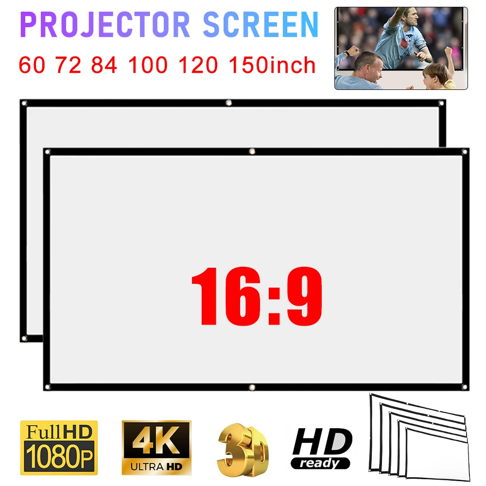 Portable Projector Screen 16:9 Simple Curtain For Home 60 72 84 100 120 150 inch Reflective Cloth Bedroom Accessories