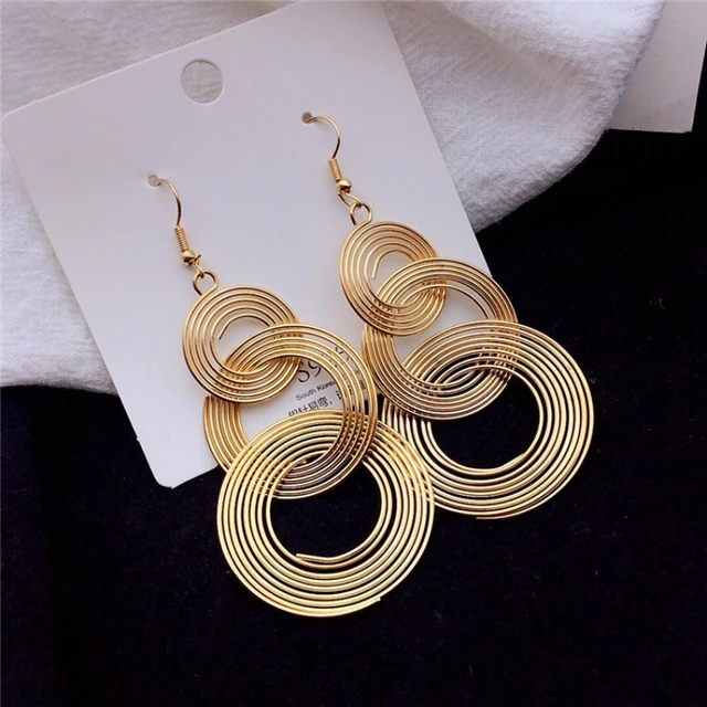 3 Circles Long Hanging Earrings for Women Gold Color Multi-layers Wrap Round Big Statement Exaggerated FashionEar Jewelry