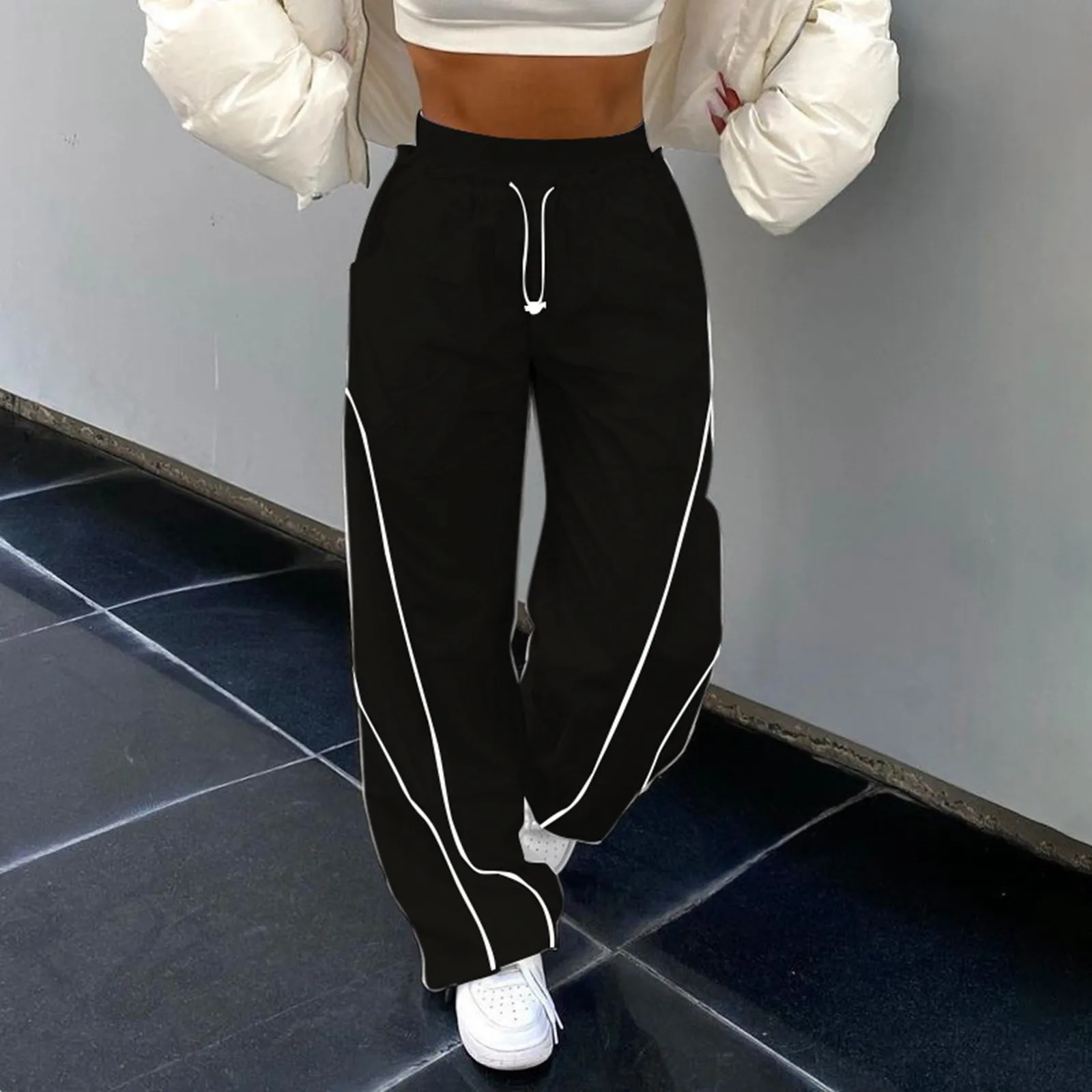 

Women Spring Retro Solid Loose Drawstring Trousers Casual Joggers Baggy Wide Leg Sweatpants Mid Waist Sporty Y2k Female Clothes