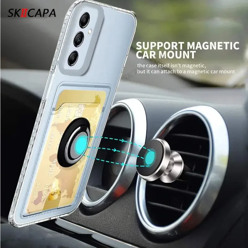 Transparent Card Slot Wallet Holder Silicone Case with Magnetic Ring Stand and Soft Cover