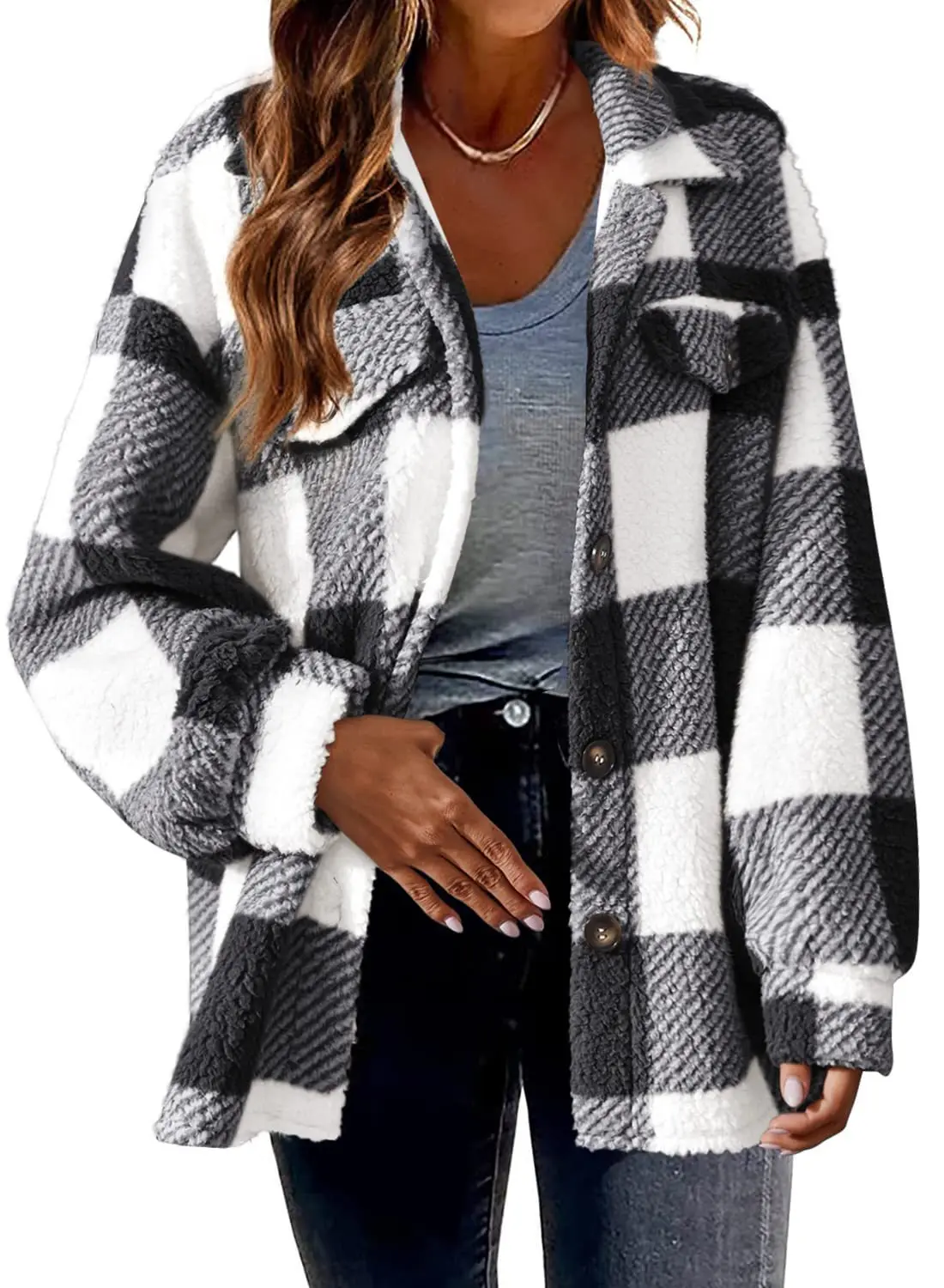 Jacket for Women Fall and Winter Fashion New Long-sleeved Pockets Plaid Buttons Casual Coat