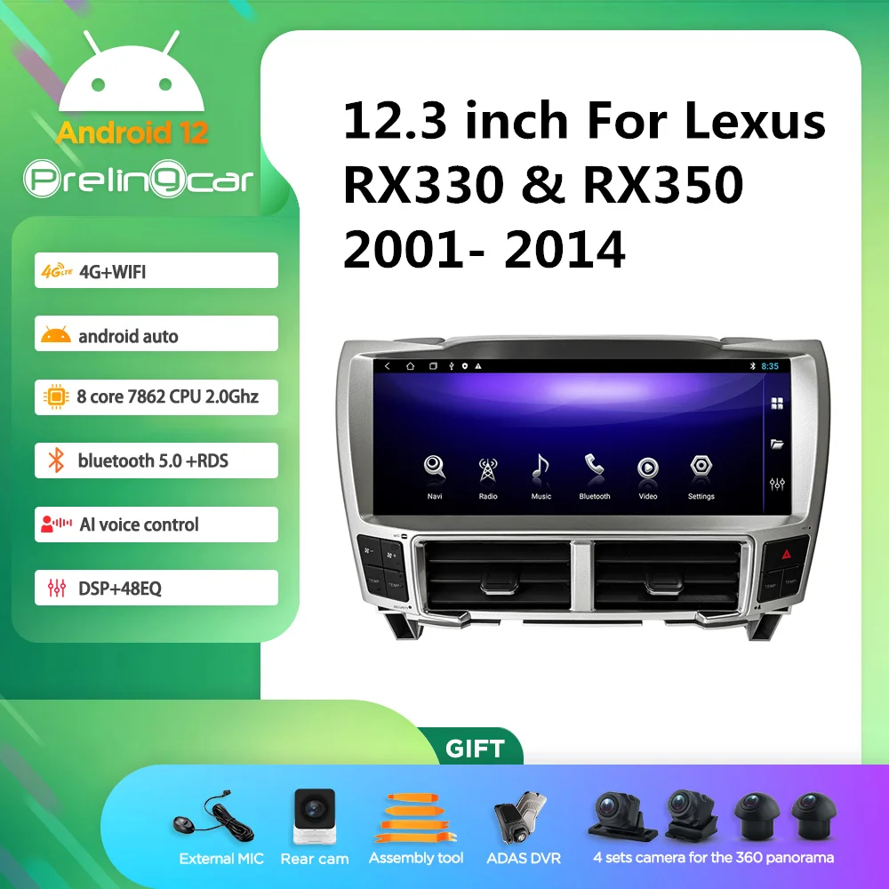 

Prelingcar Android 12.0 System 2 Din Car Multimedia Player GPS Navigation 12.3inch For Lexus RX330 & RX350 2001-2014 Ys 8Core