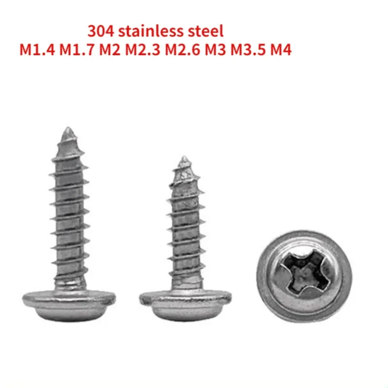 100/200/500 шт. 304 нержавеющая сталь DIN968 Крестовая круглая головка резьбонарезающий винт с прокладкой M1.4 M1.7 M2 M2.3 M2.6 M3 M3.5 M4