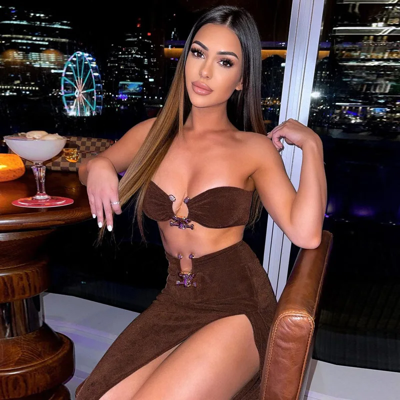 Sexy Strapless Bodycon Summer Women Dress Split Cut Out Beach Party Club Two Piece Green Black Brown Dresses With Tube |