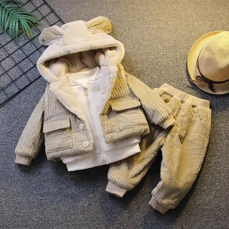 

Childrens Sets Baby Winter Boys Plush Thickening New Children Korean Three Piece Set Soild Striped Warm Comfortable