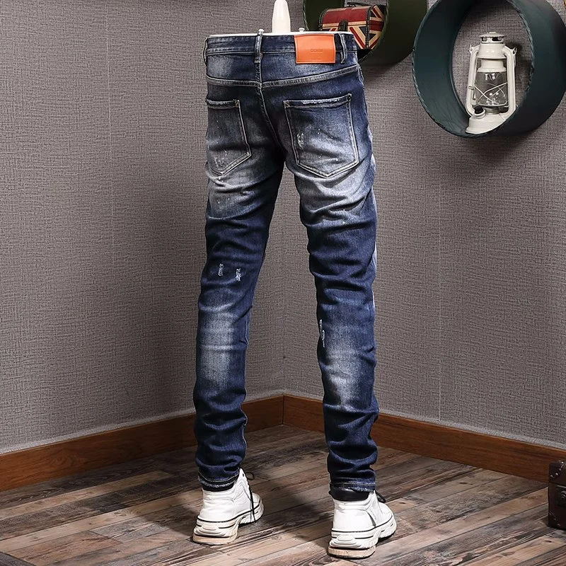 High Street Fashion Men Jeans Retro Blue Elastic Slim Fit Ripped Jeans Men Vintage Trousers Patched Designer Brand Pants Hombre