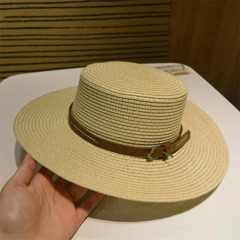 

Соломенная шляпа от солнца для женщин, Пляжная шапка с широкими полями, уличный повседневный головной убор цвета хаки и бежевого цвета, с плоским верхом, на лето