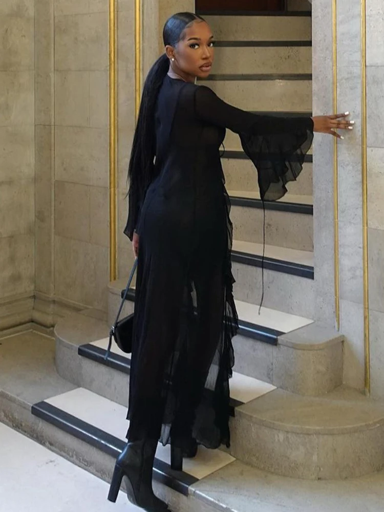 Cárdigan largo de malla para mujer, de verano, liso, con cuello bajo, manga larga y volantes, sexy, transparente, ropa de tendencia