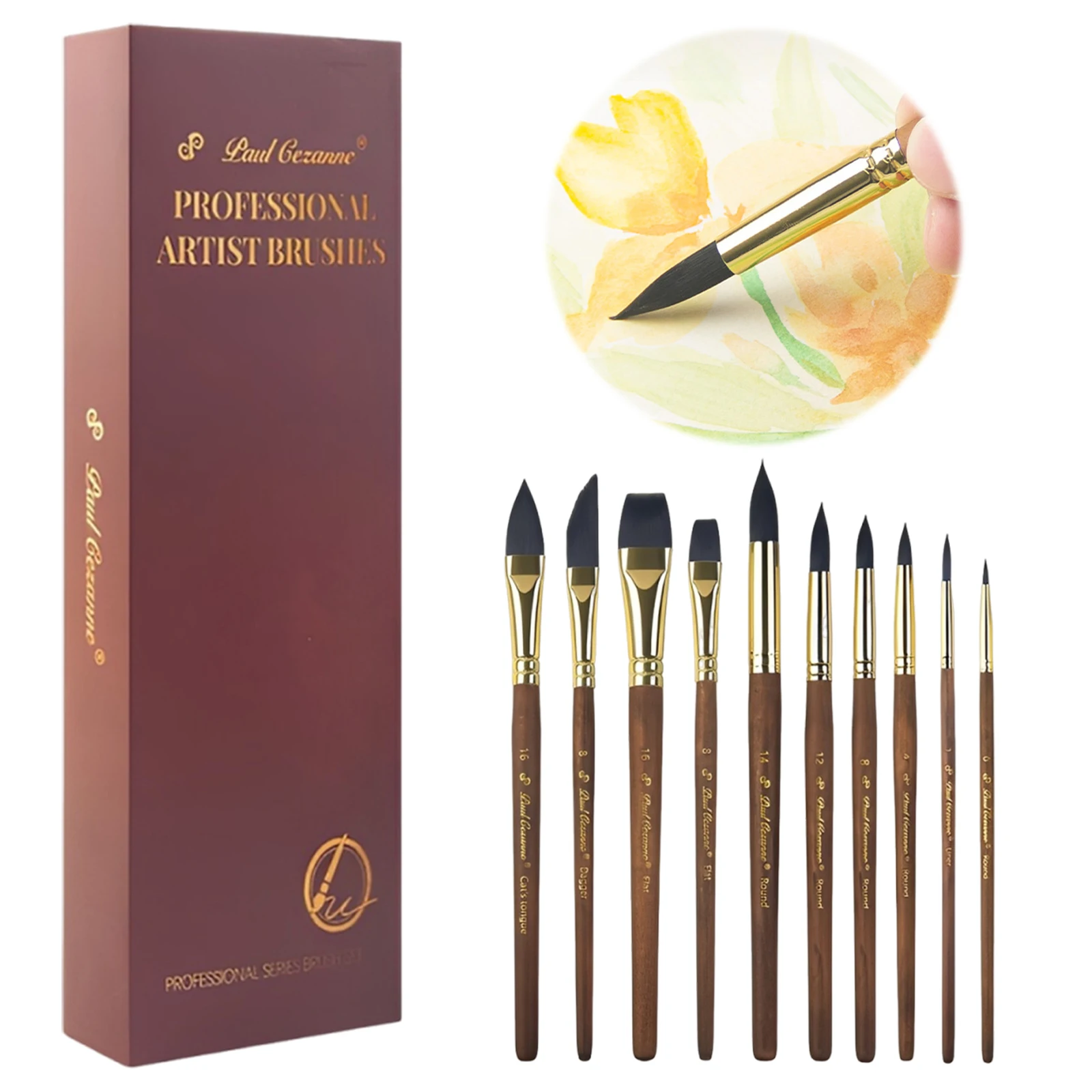 10Pcs 호두나무 페인트 브러시(포켓 포함) 수채화 그림 브러시 세트 재사용 가능한 나무 손잡이 아티스트 브러시 아트 및 여행 키트