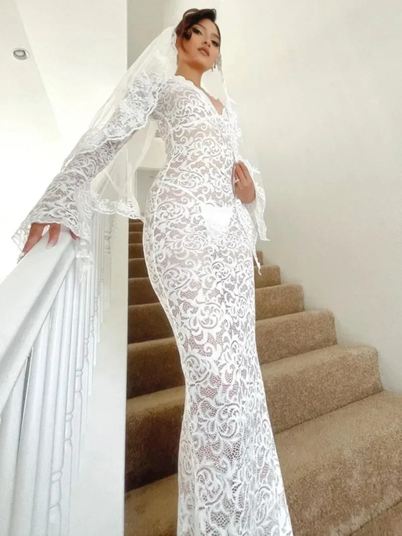 

Elegant V-neck Flare Sleeve Hollow Out Lace Long Dresses Women 2024 Spring Sexy Bodycon See Through Party Wedding White Dress