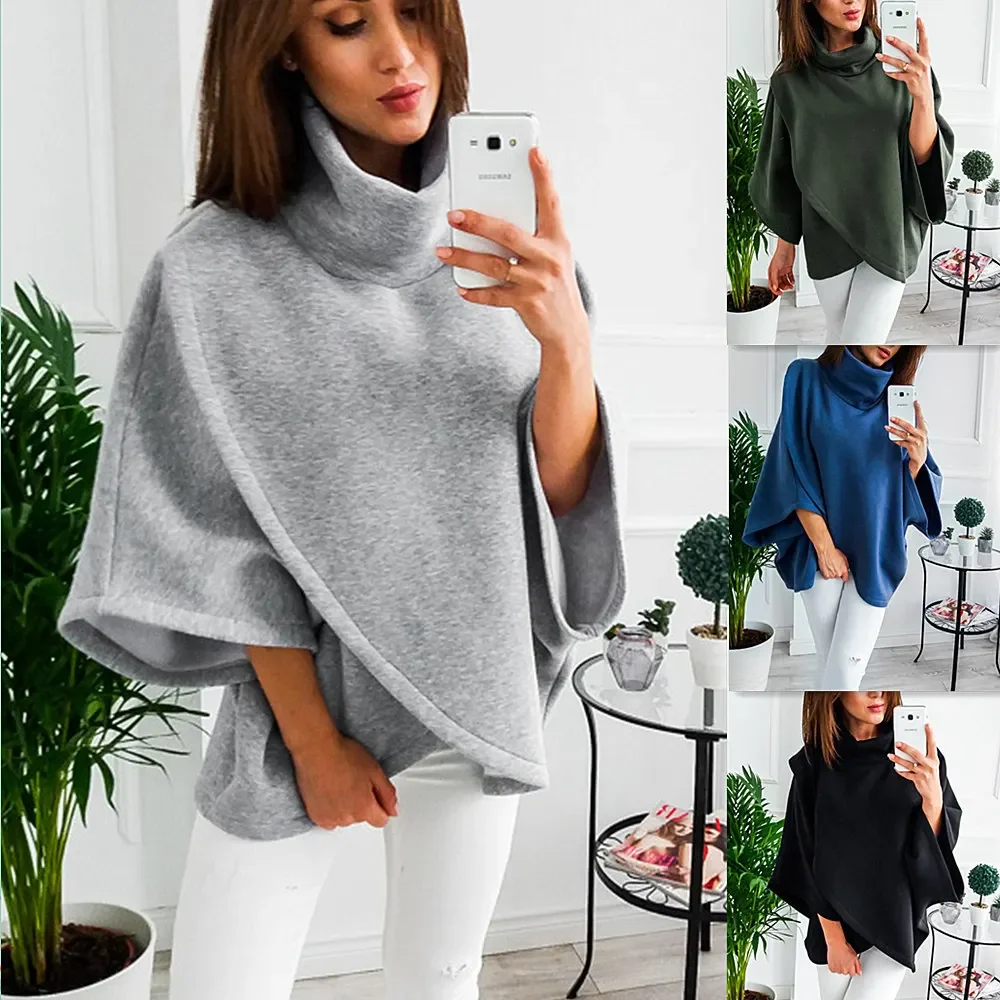 

Autumn Winter Thick Warm Sweatshirt Fleece Cloak Bat Sleeved High-necked Sweater Top Cape Tops Chic 2023 Wholesale Drop Shipping