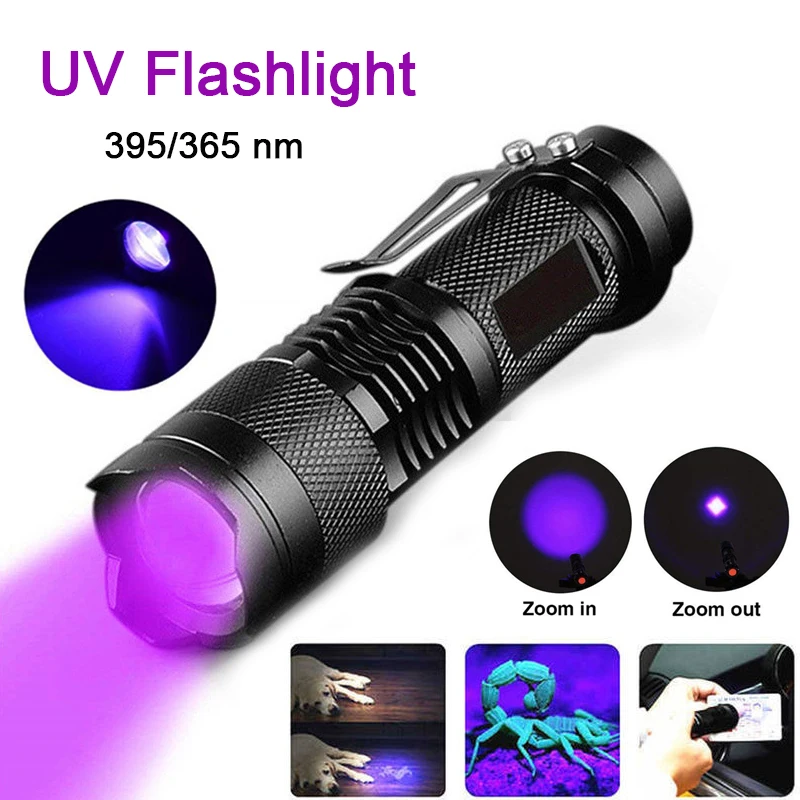 

Portable Mini UV LED Flashlight Ultraviolet Black Light 395/365nm 3 Modes Zoomable Torch Pet Urine Stains Scorpion Detector Lamp