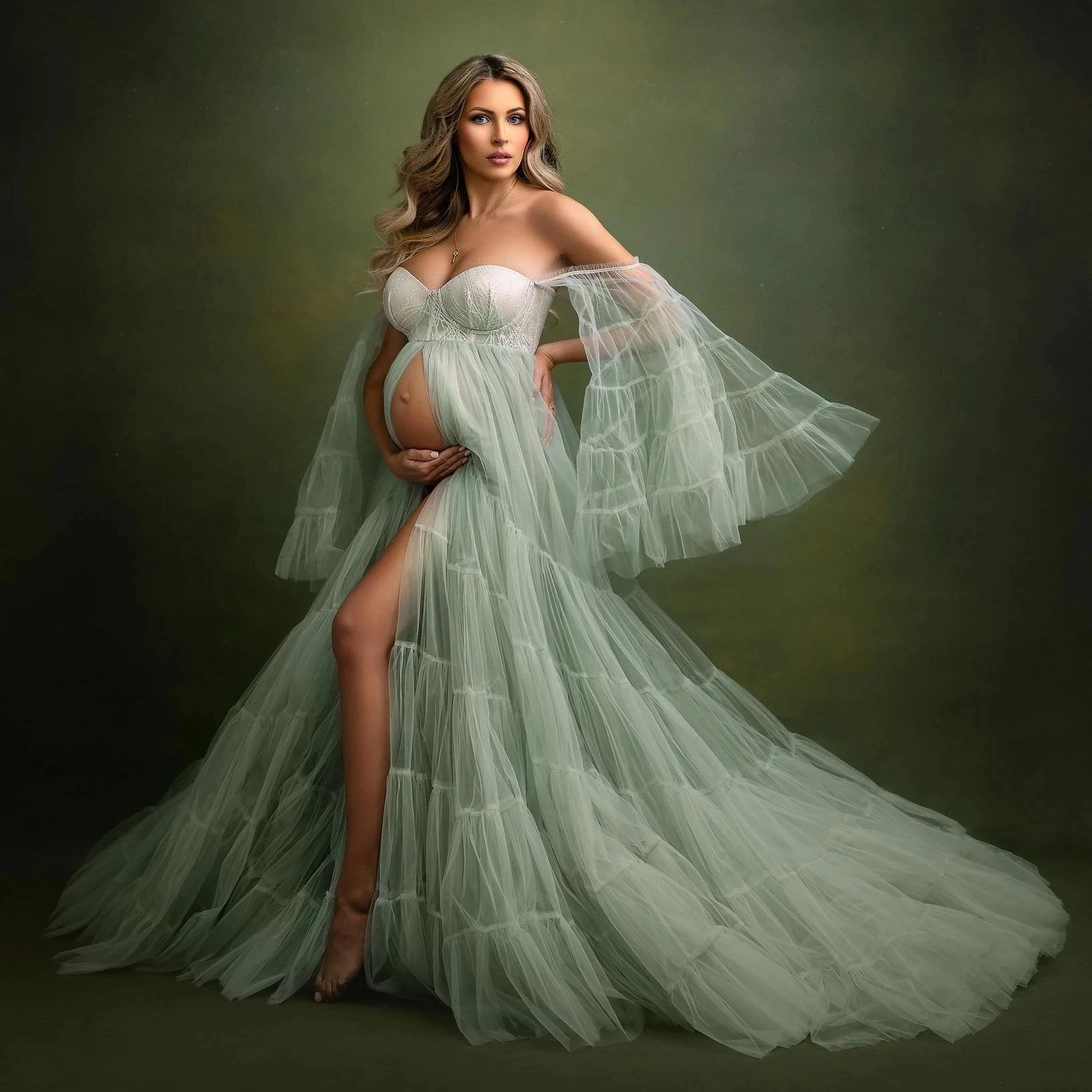

Mint Tulle Maternity Dress Flare Sleeve Pleated Sheer Sexy Maternity Dresses for Baby Shower Lace Extra Puffy Slit Party Gowns