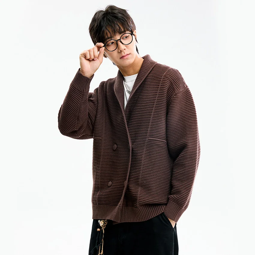 남성용 더블 브레스트 라펠 카디건 니트 스웨터 남성 빈티지 패션 루즈 캐주얼 스웨터 재킷 점퍼 코트 아우터웨어
