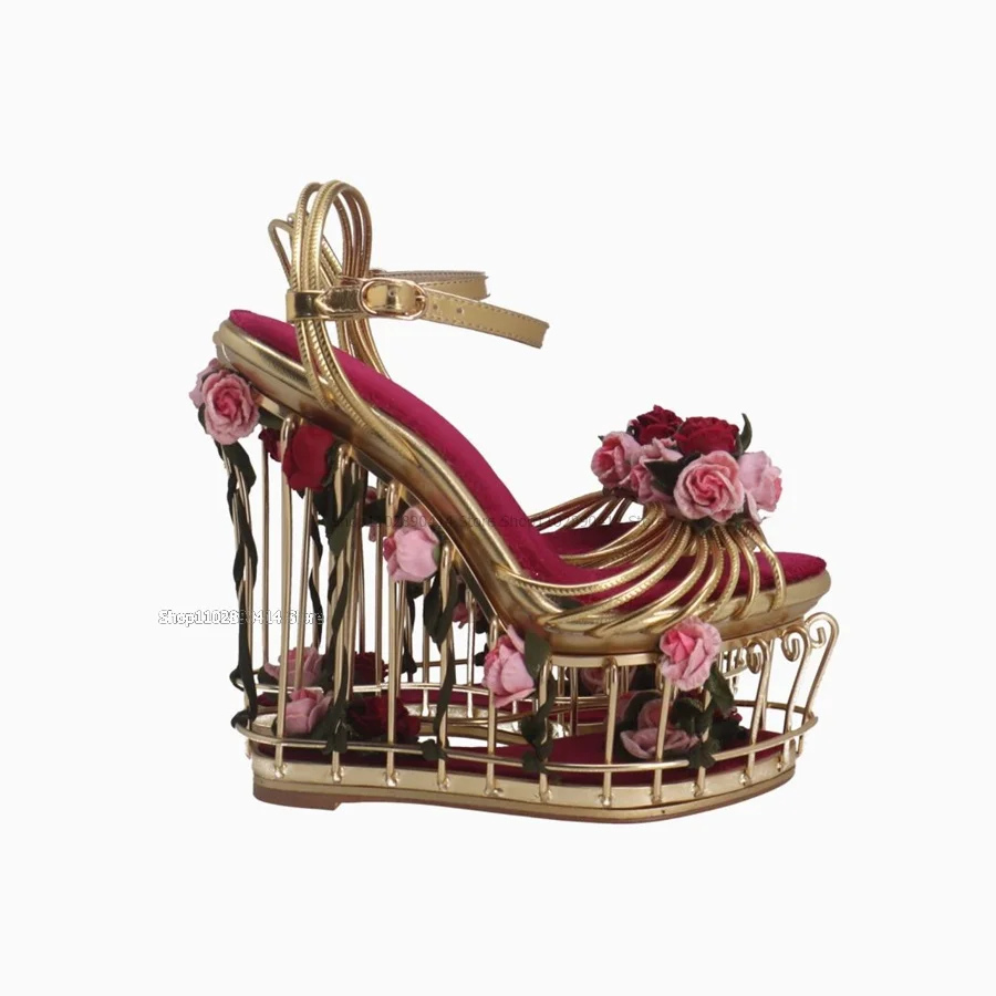 Flower Decor Metallic Hollow Platform Sandals Hollow Cut Heel Women Shoes Ankle Buckle Strap Peep Toe Fashion Zapatillas Mujer