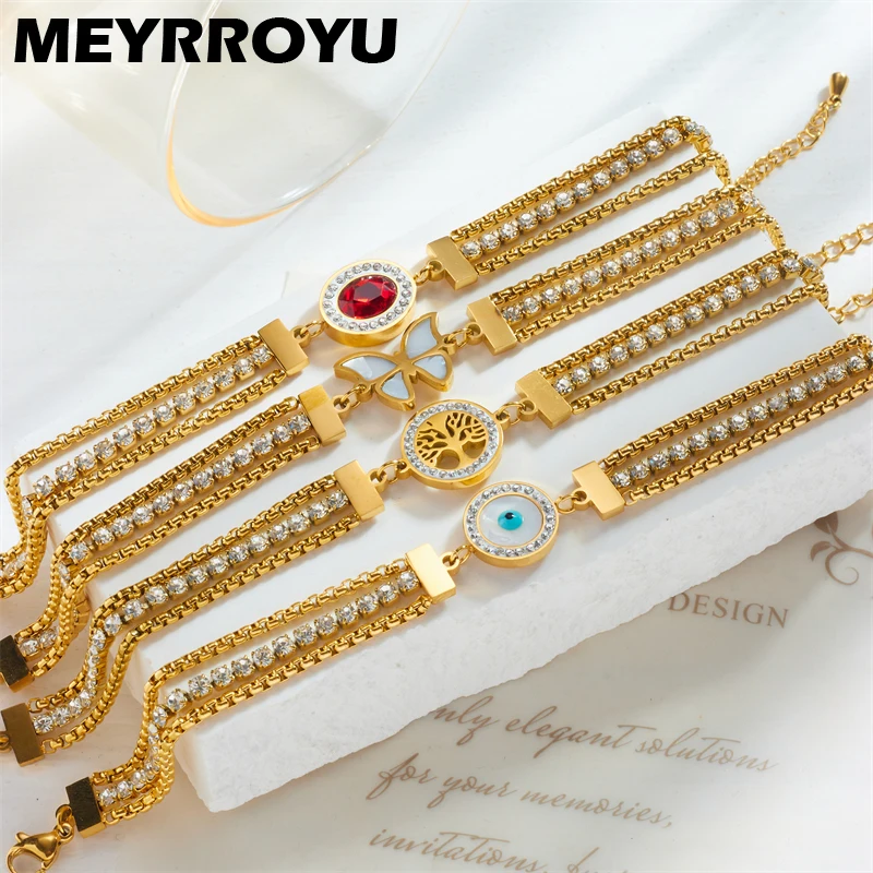 MEYRROYU 316 Stainless Steel Golden Red Zircon Eye Tree Pendant Bracelet For Women Jewelry Gift Bijoux Accessories