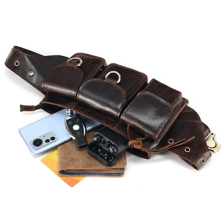 Retro Men's Leather Waist Bag Large Capacity Crossbody Chest Bag Motorcycle Cowhide Phone Bags