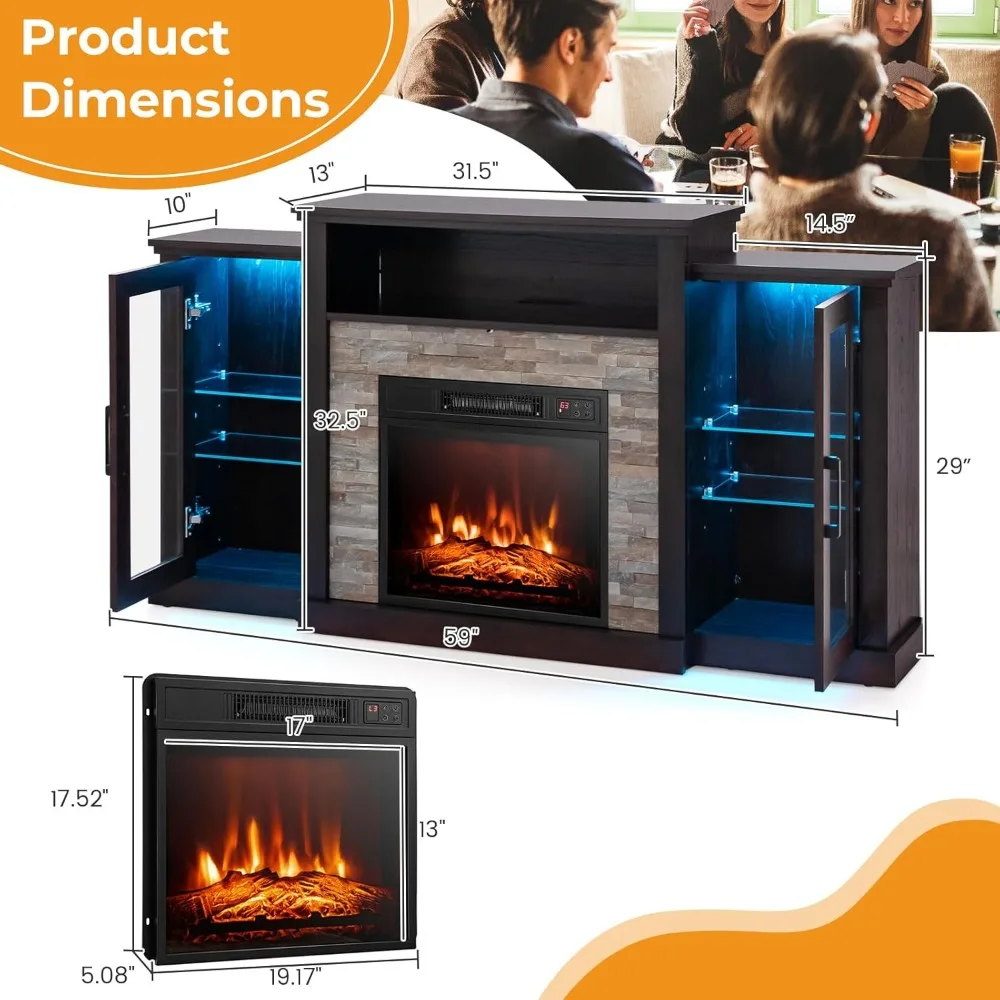 Electric Fireplace TV Stand for 65in+ Tv, 19‘’ Fireplace with Mantel, Entertainment Center with 16 Color LED Lights, TV Console 3