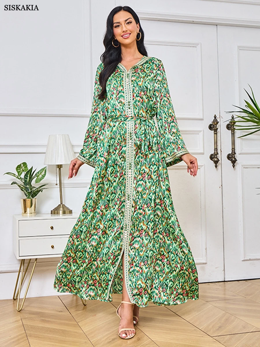 

Siskakia Fashion African Long Dresses Islamic Clothing For Women Printing Full Sleeve Hooded Neck Sashes Muslim Dubai Abaya