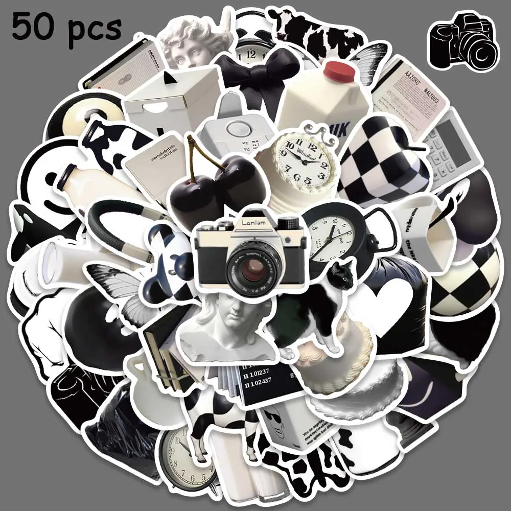 50pcs INS Style Cute Stickers Black White Simple Art Decals For Water Bottle Laptop Luggage Scrapbook Diary Fridge Stickers