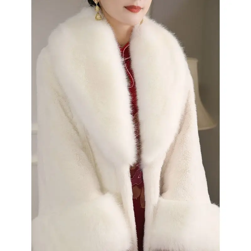 Fashion Imitation Fur Coat Female Winter New Thickened Temperament Mid Length Mink Plush Faux Fox Fur Collar Mink Coat Female