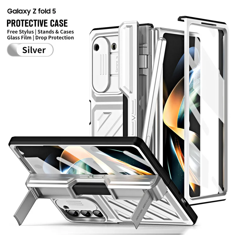 

Магнитный чехол для Samsung Galaxy Z Fold 4 5 дюймов, вращающийся на петлях чехол с отверстием для ручки со стеклянной пленкой, защитный чехол для Fold4 5, чехол с ручкой