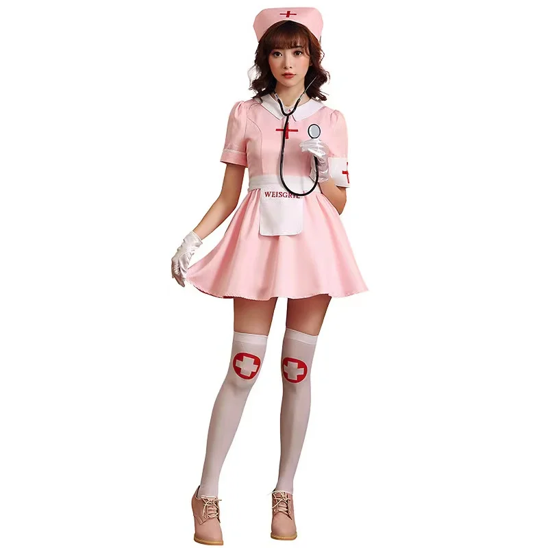 

Pink Women Nurse Cosplay Female Halloween Doctor Costumes Carnival Purim Parade Professional Role Playing Nightclub Party Dress