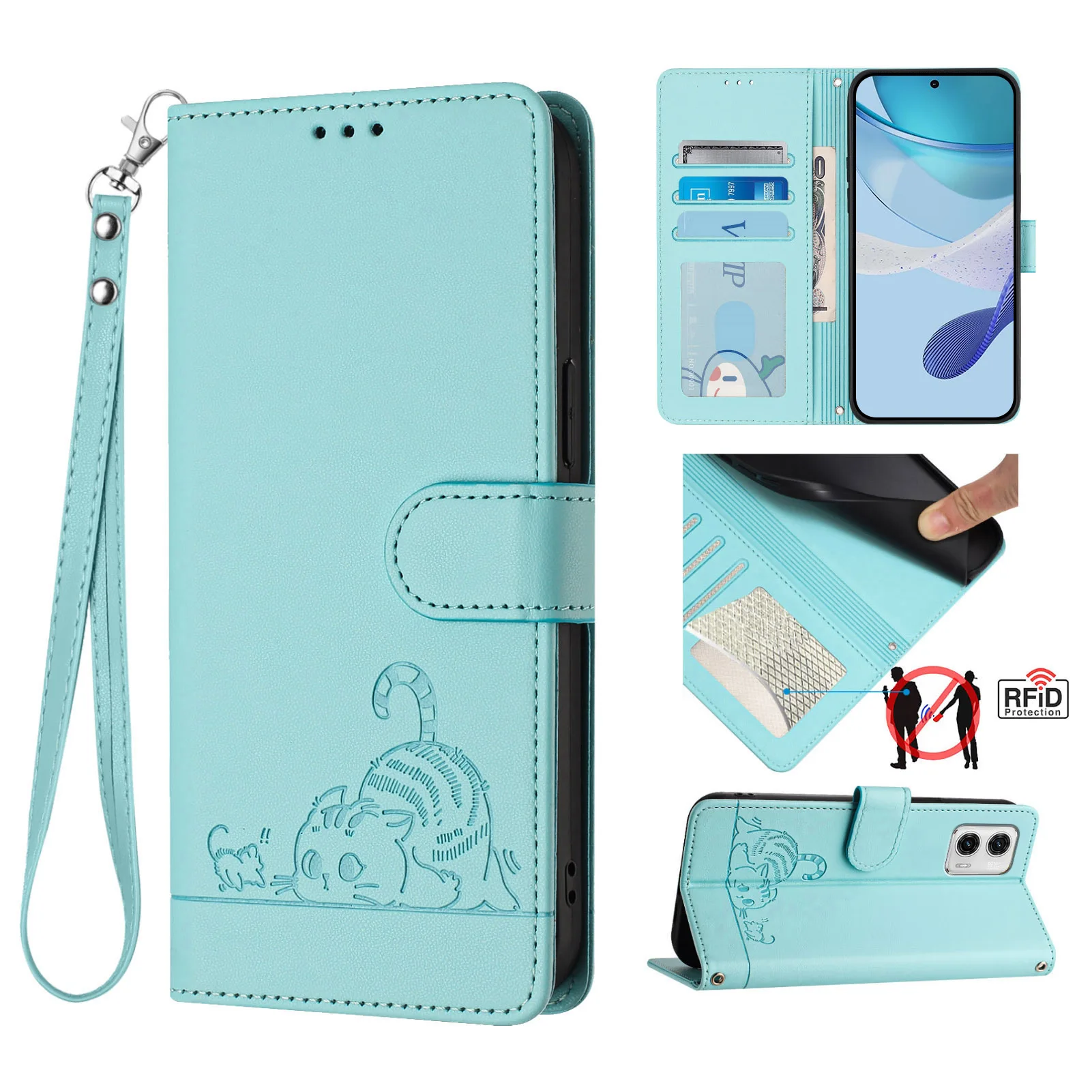 Charming Cat Crossbody Leather Wallet Phone Case with Lanyard and Card Slots