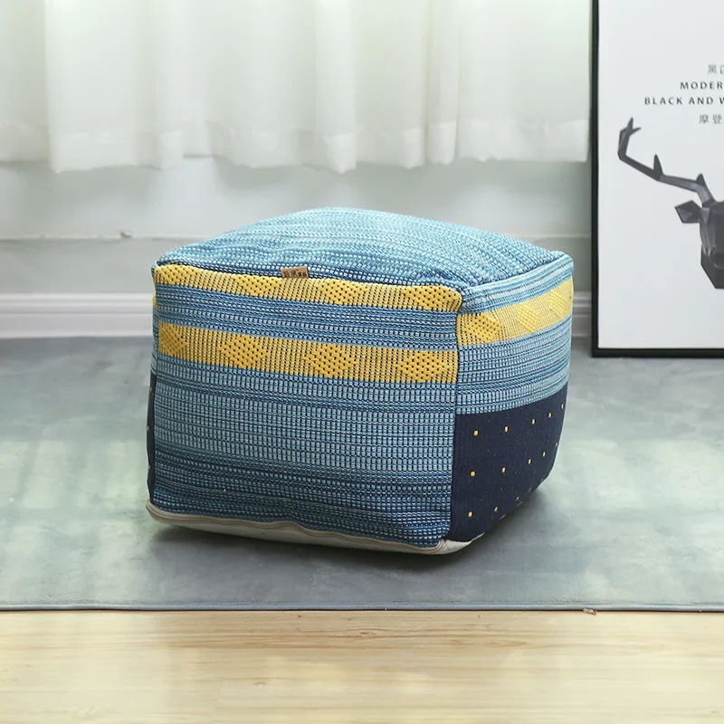 Square Multi-Pattern Moroccan Cotton And Linen Footstool With Tassel Pouffe Ottoman Pouf Cover Vintage Handmade Unstuffed