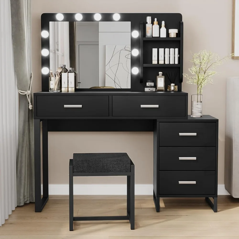 

Vanity Mirror with Lights and Table Set,with Storage Shelves and Cushioned Stool 5 Drawers Large Capacity Dressing Table