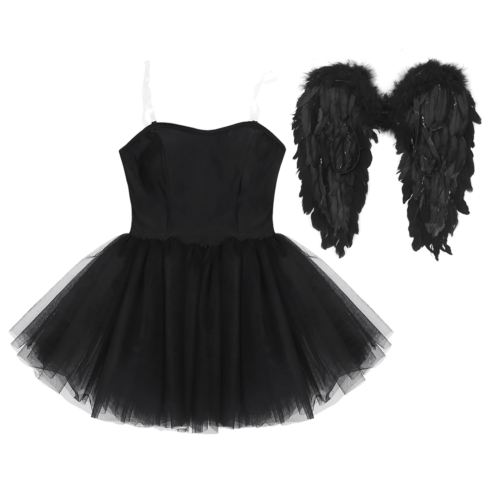 Womens Halloween Party Outfit Stage Performance Costume Strapless Tutu Ballet Dance Leotard Dress with Feather Wings dancewear