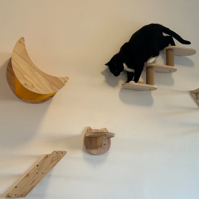 1 Piece Cat Wall Mounted Shelf Furniture Wooden Cat Bed and Scratcher Post with Climbing Ladder Steps for Kitten Play and Rest 5