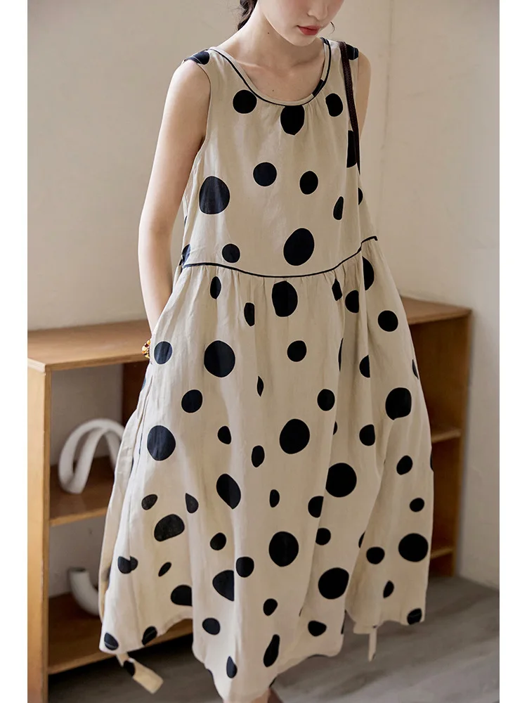 

Summer Dress 2023 Korean Fashion New Arts Style Women Sleeveless Dot Print All-matched Casual Cotton Linen O-neck Tank Dresses