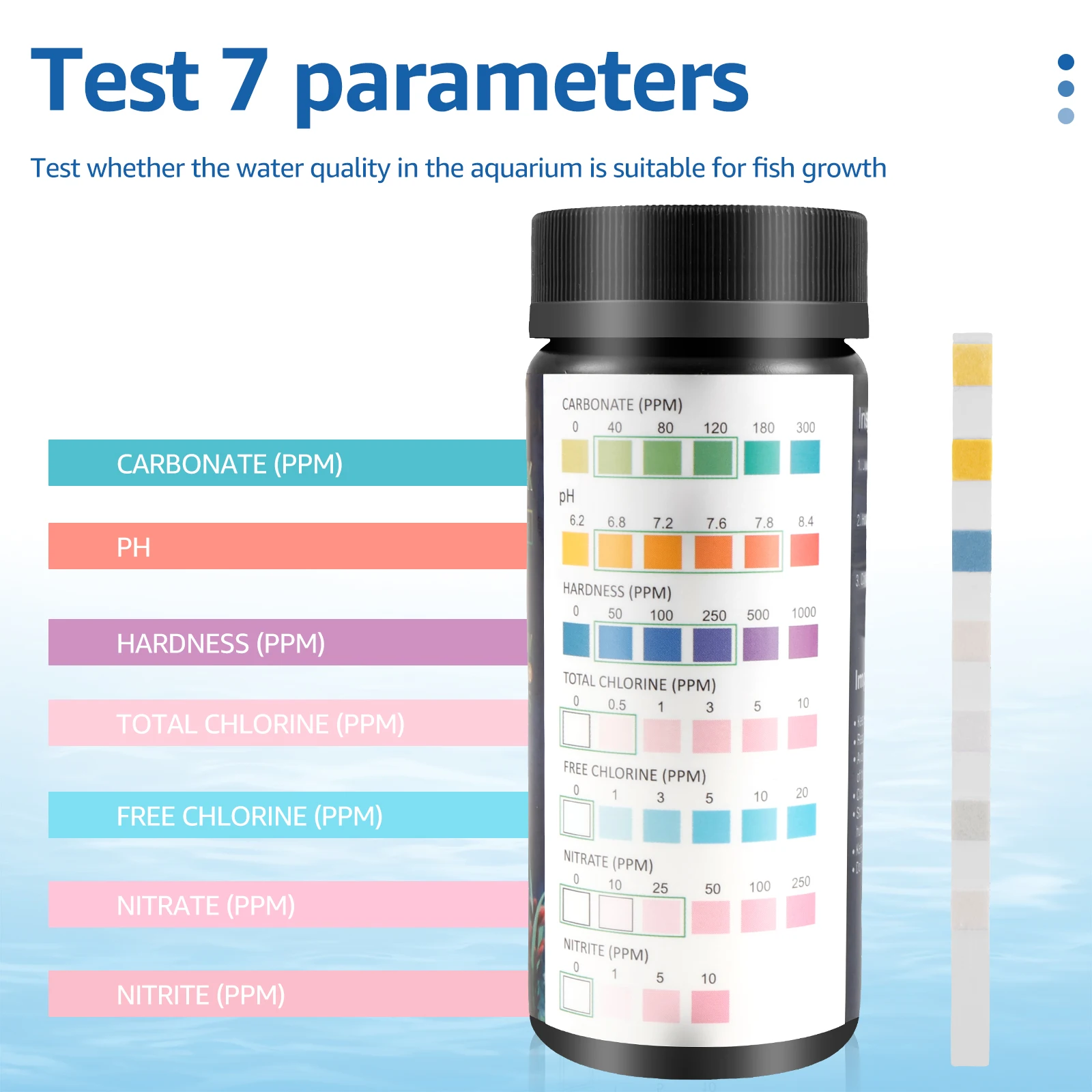 100Pcs Aquarium Test Strips Water Quality Test Strip 7/in1 Fish Tank Test Kit Freshwater Saltwater Aquarium Water pH Test Strips