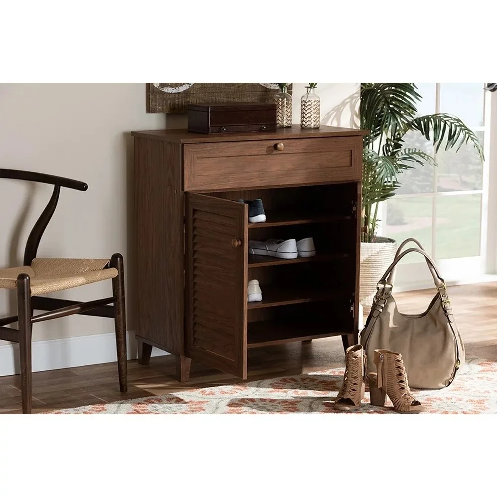 

Modern and Contemporary Walnut Finished 4-Shelf Wood Shoe Storage Cabinet with Drawer