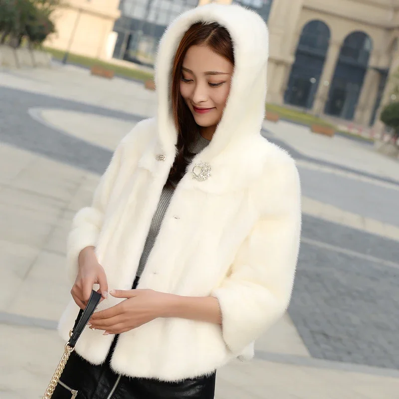 Vera Pelliccia Di Visone Donna 2022 Inverno Nuova Pelliccia Di Visone Giacca Con Cappuccio Cappotti Corti Da Donna Cappotto Di Lusso Manica A Tre Quar