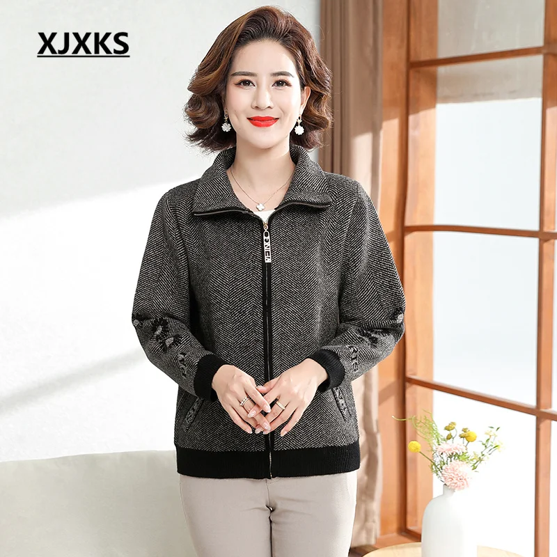 

XJXKS Fashion Lapel Zipper Cardigan Women's Jacket 2022 Autumn Winter Latest Loose Large Size Wool Knit Sweater Coat