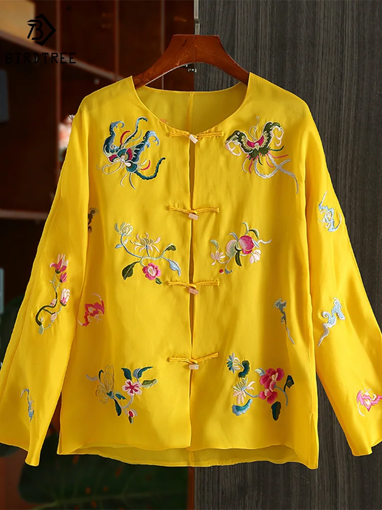 

Birdtree 100%Real Silk Organza Chinese Style Coat Vintage O-Neck Long Sleeve Embroidery Chic Thin Tops 2024 Spring C3D9118QM