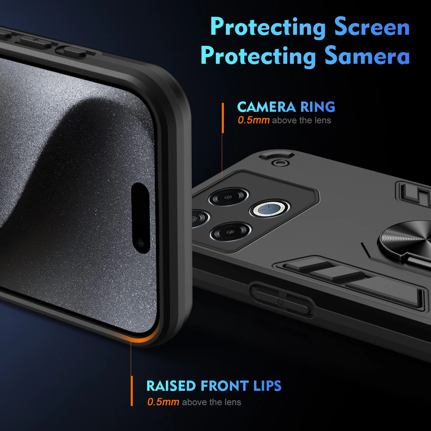 Rugged Armor Shockproof Phone Case with Metal Ring Holder and Dual-Texture Design