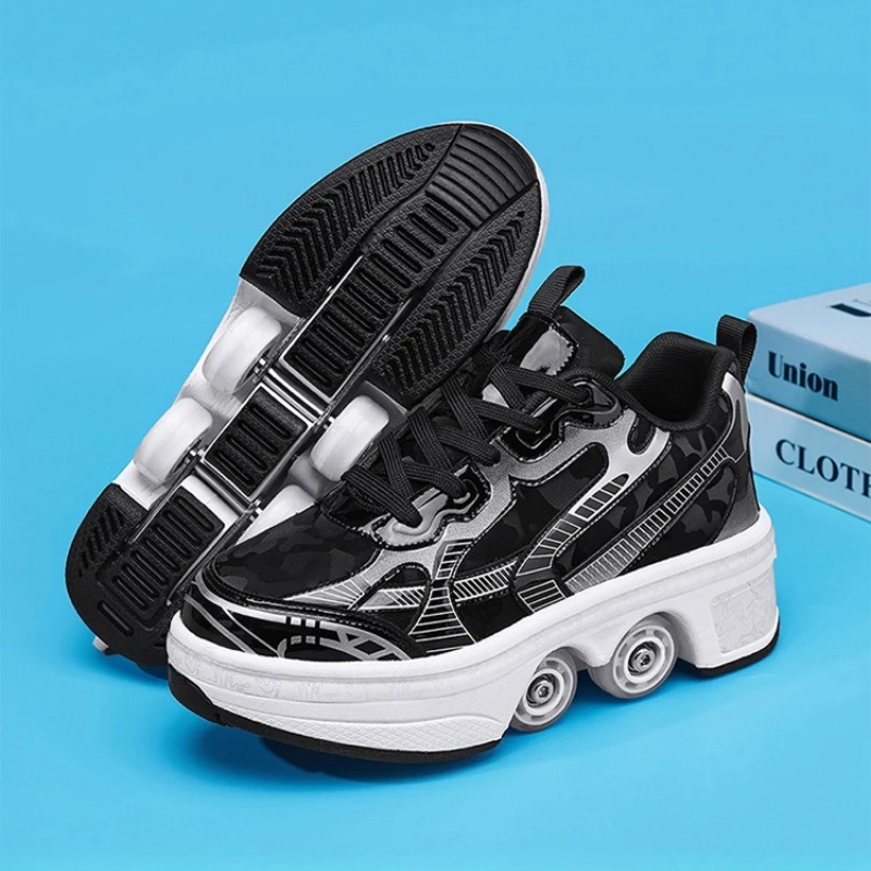 Automatic Retractable 4-Wheel Roller Skates Women's High Sneakers Shoes With Wheels Girls' Dual-Purpose Skating Sports Shoes