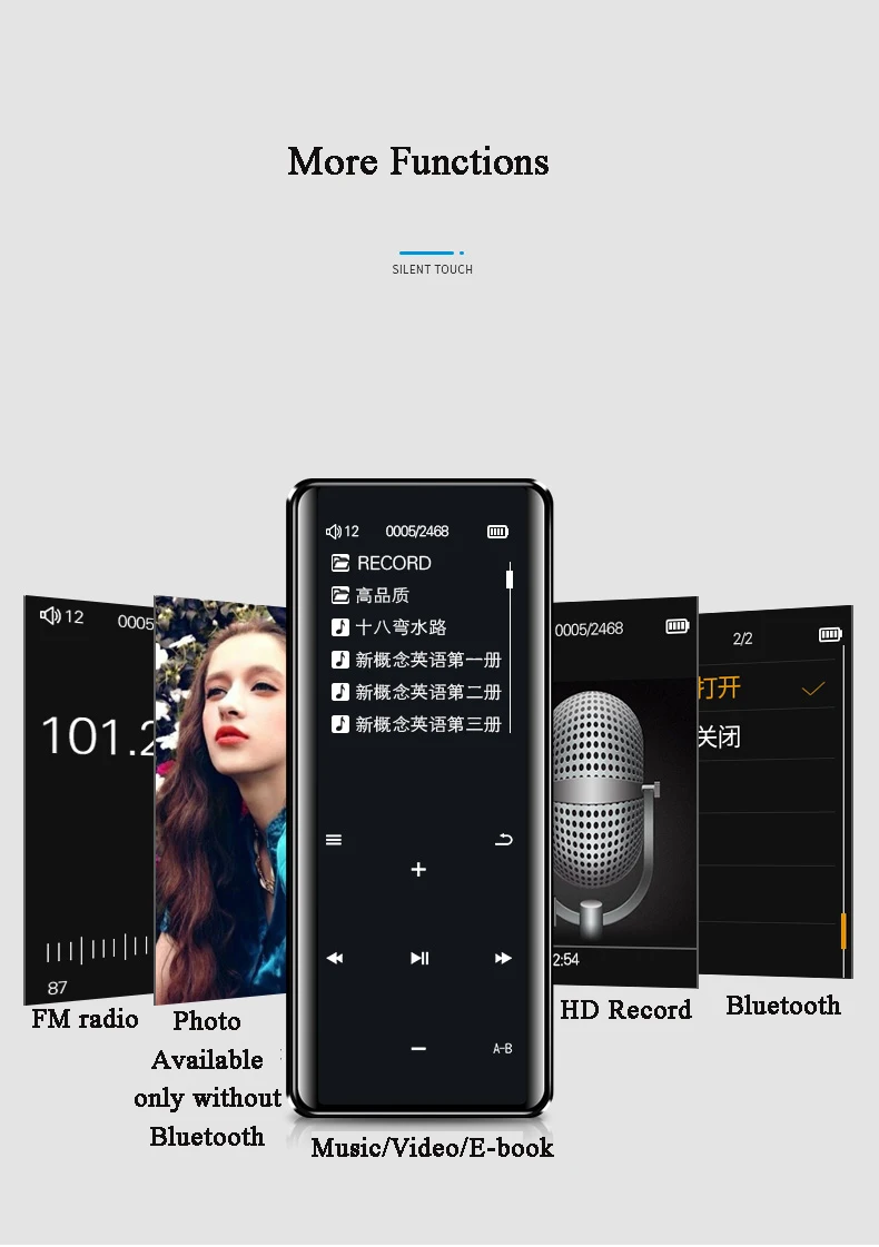 Bluetooth5.0 MP4 Player Full Touch Screen 16GB Music Player Built-in Speaker Support FM Radio Video E-book HiFi Lossless MP3