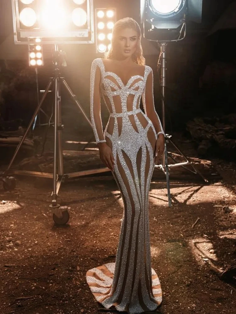 

Bridal Luxury Evening Dresse O-Neck Mermaid Long Sleeved Floor-Length Sequin 2023 New of Cocktail Party Prom Dress Women