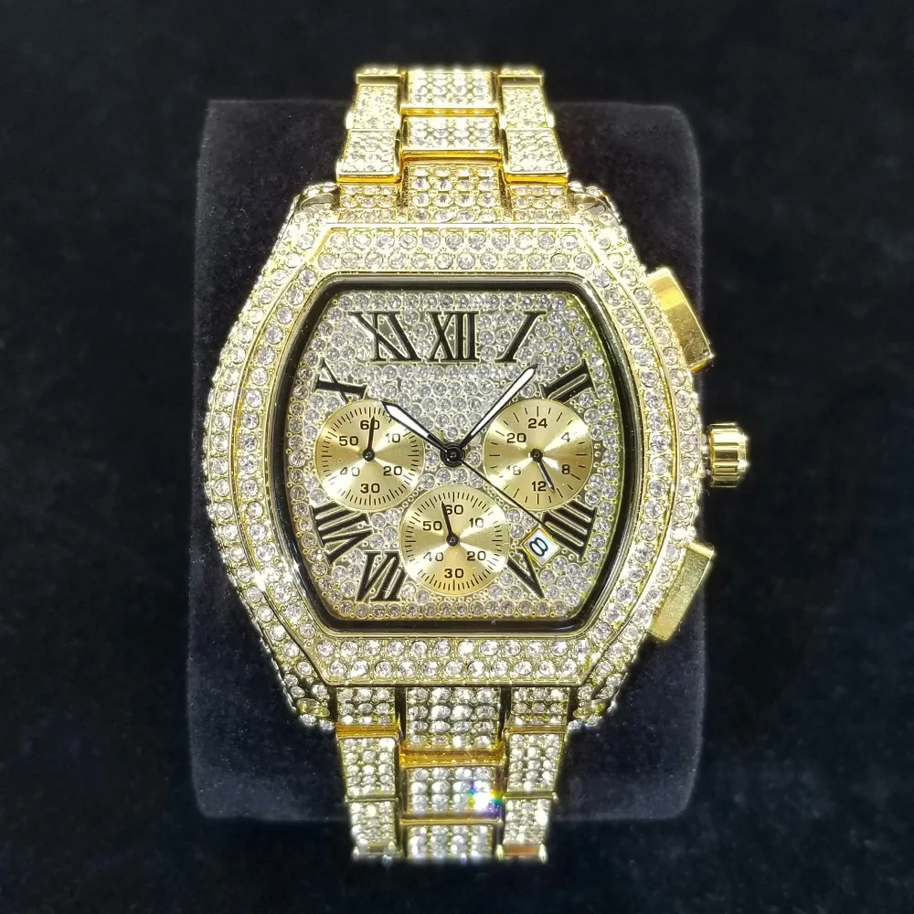 Top Brand Luxury Diamond Watch Men High Quality Stainless Steel Quartz Wristwatch Hip Hop Ice Out Waterproof Chronograph Watches