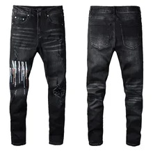 

Men Jeans Spring Summer Printed Letter Slim Ripped Denim Pencil Pants Trousers Streetwear Vintage Men Motorcycle Jeans Pants