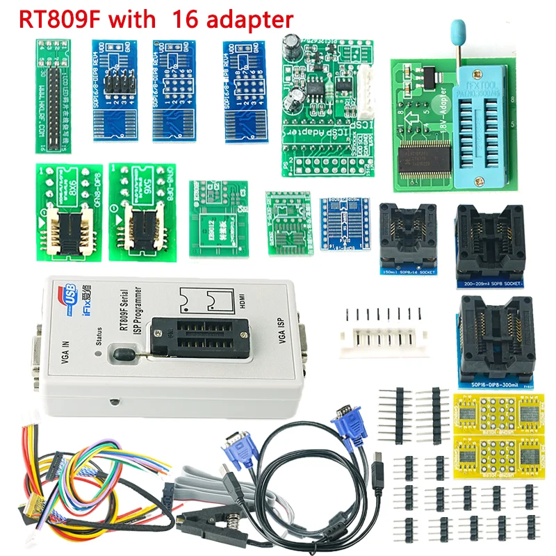 오리지널 RT809F ISP 유니버설 프로그래머 16개 어댑터 포함 1.8V 어댑터 SOP8 테스트 클립 EDID 케이블 ICSP 바이오스 PC 프로그램
