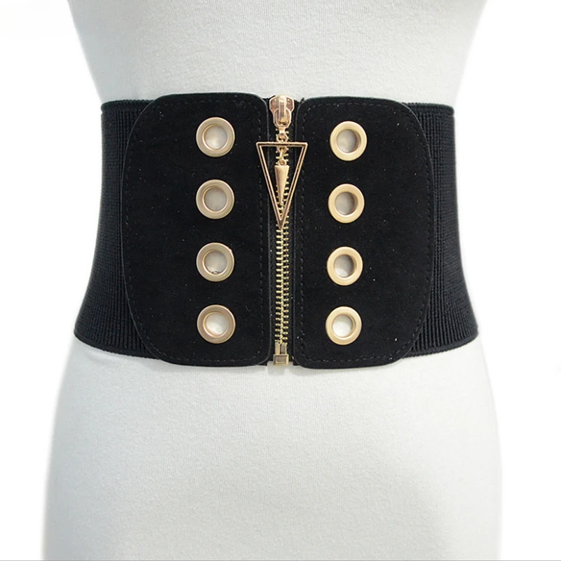 

New Simple Designer Ladies Fashion Wide corset belt Triangle Buckle Zipper Creative Black Elastic Waistband 65*12 Cm